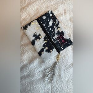 Makeup Junkie Bag Black White Cowhide Print Tassel Zipper Cosmetic Bag